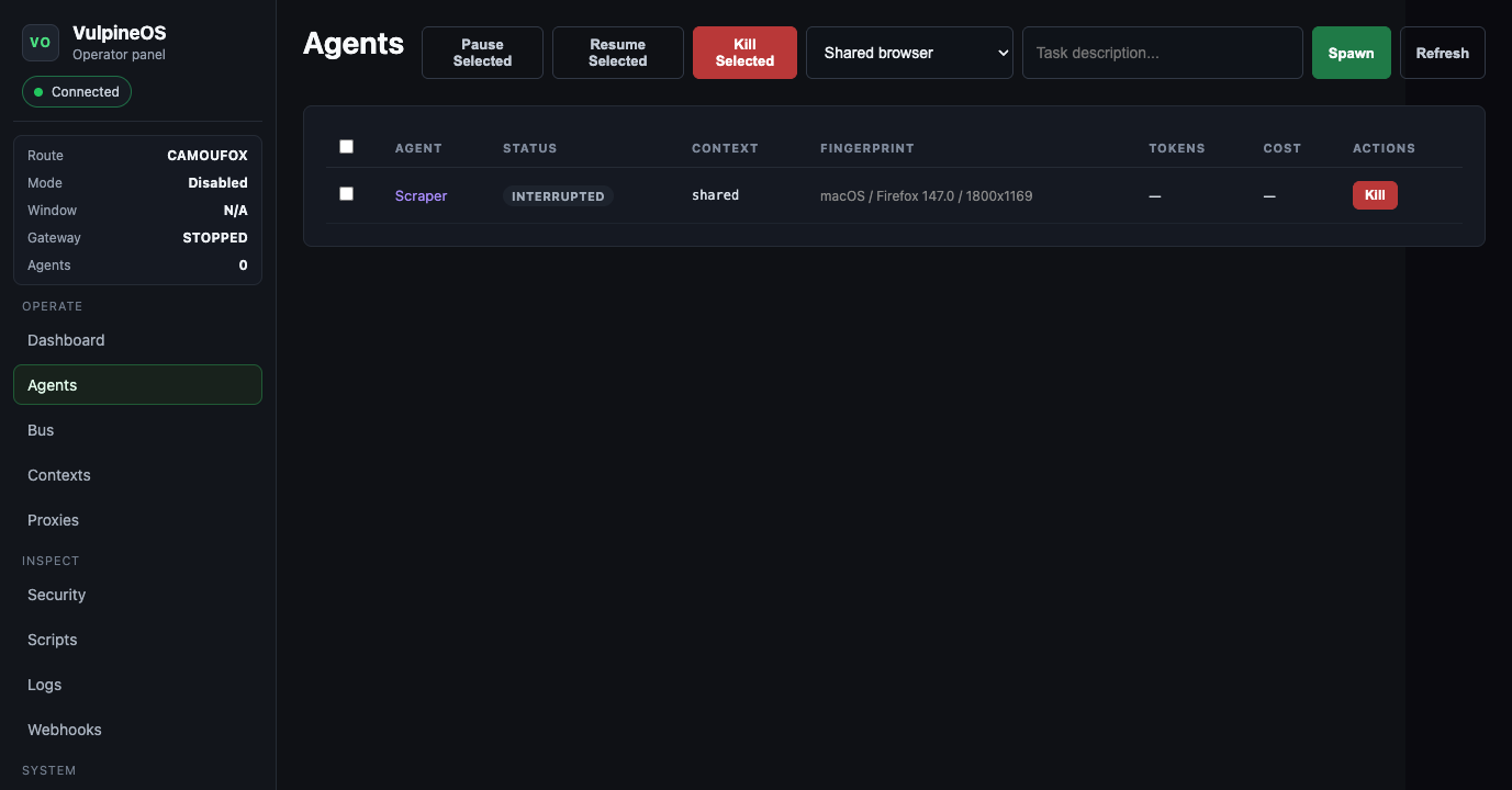 VulpineOS web panel agents page