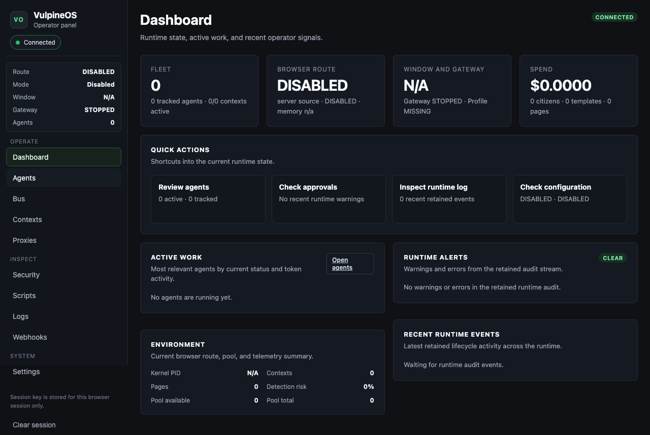 VulpineOS web panel dashboard